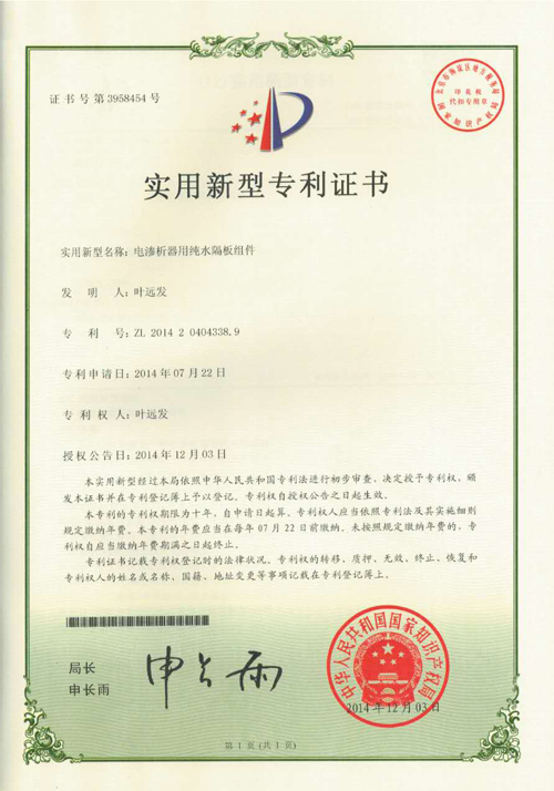 亚洲一区二区无码视频 实用新型专利证书 电渗析器用纯水隔板组件